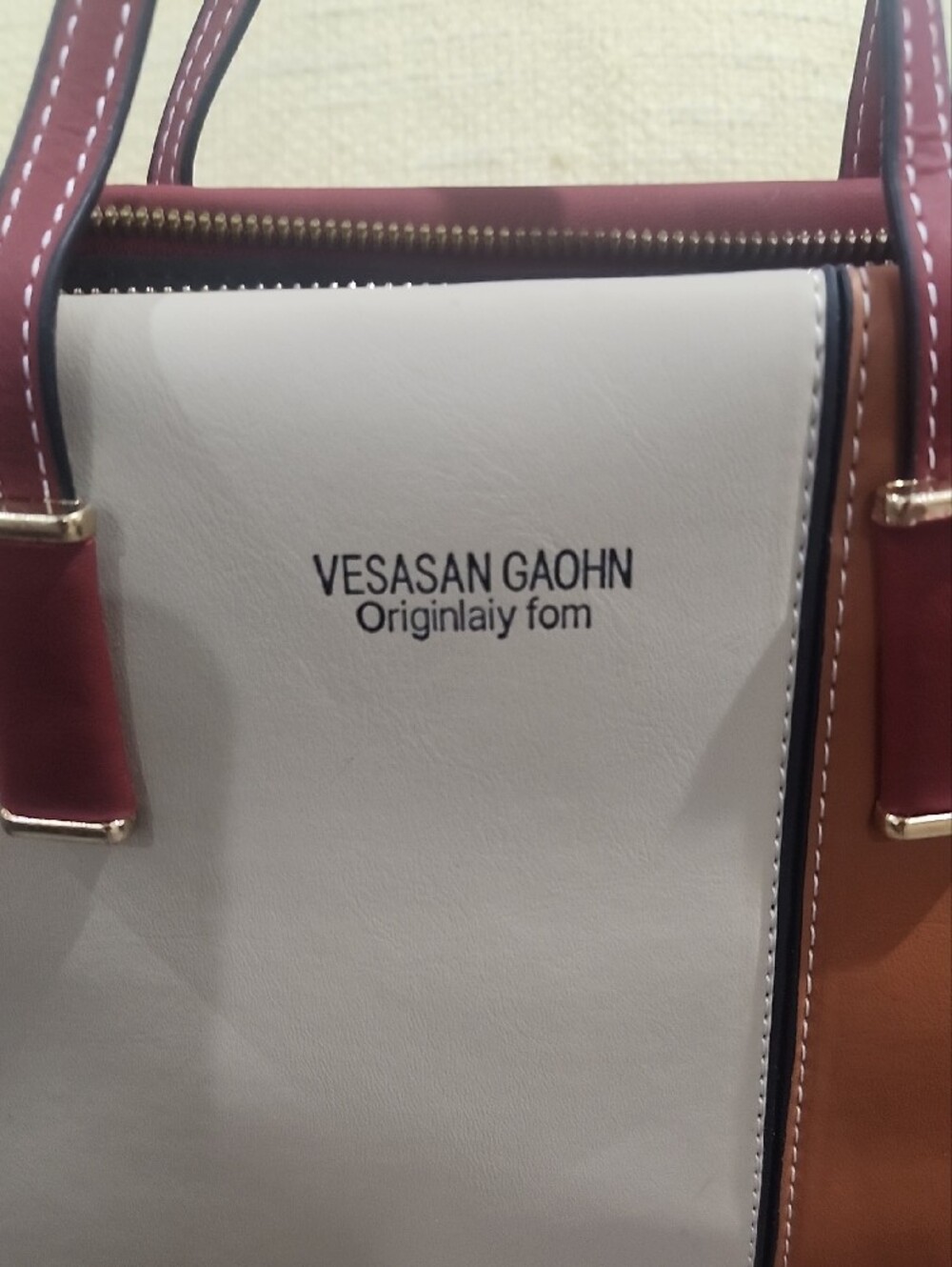 Patchwork Cream, Brown & Burgundy Paneled Tote/Crossbody - Picture 2 of 7